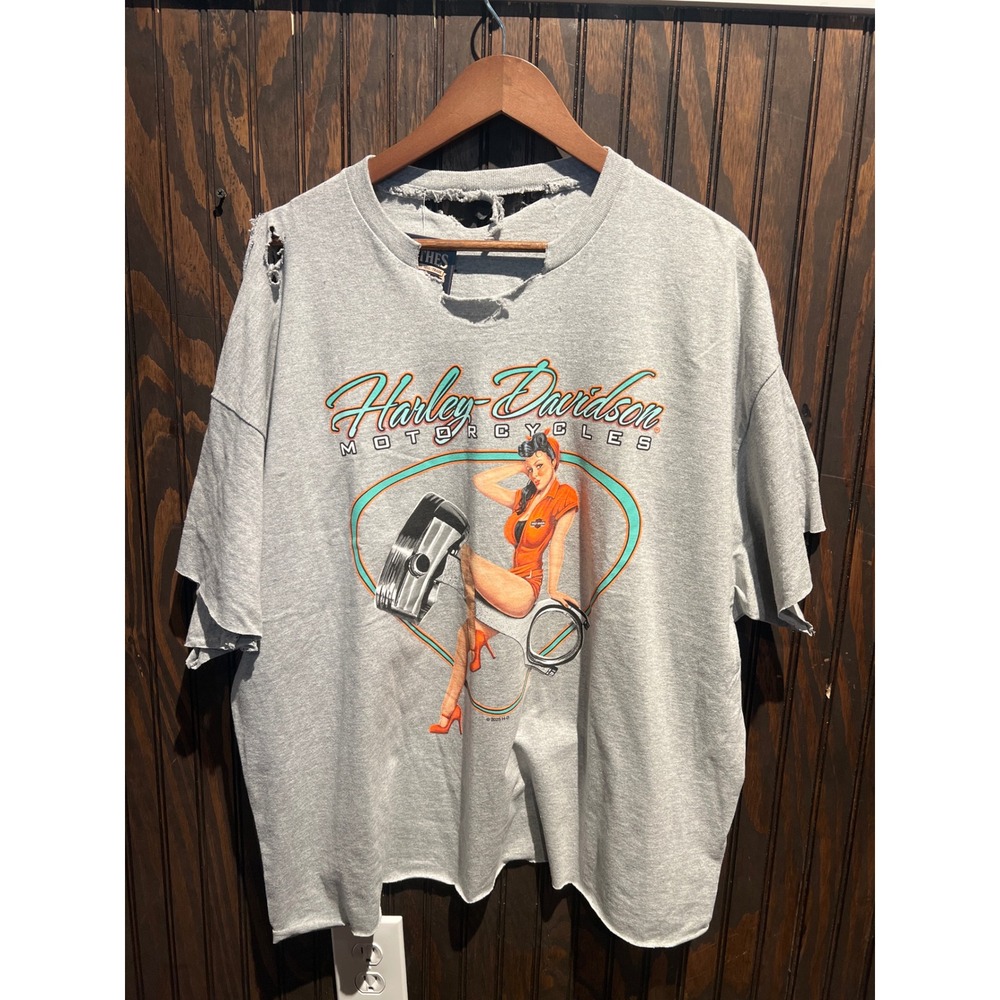 Vintage 2005 Harley Davidson Pinup Girl Distressed Graphic T-Shirt Gray XL 2XL